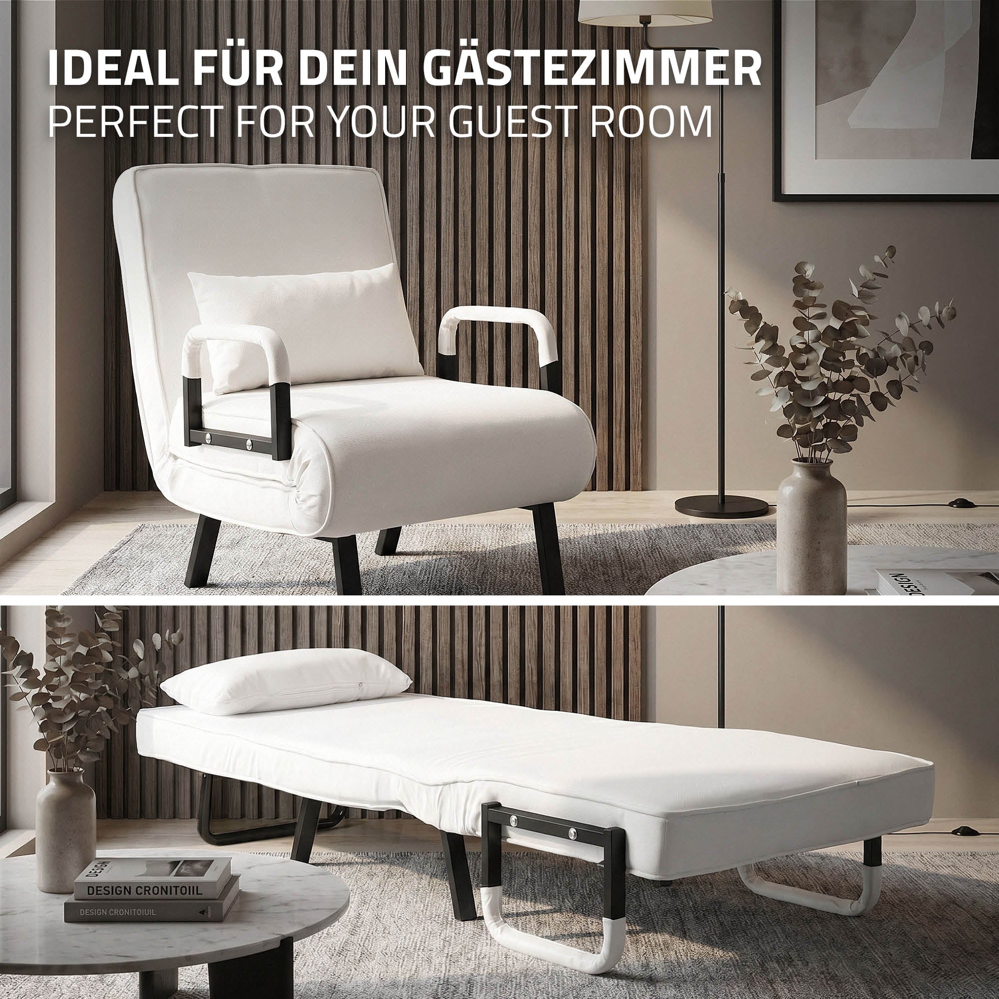 White armchair that has been folded out as a bed, in a modern room.