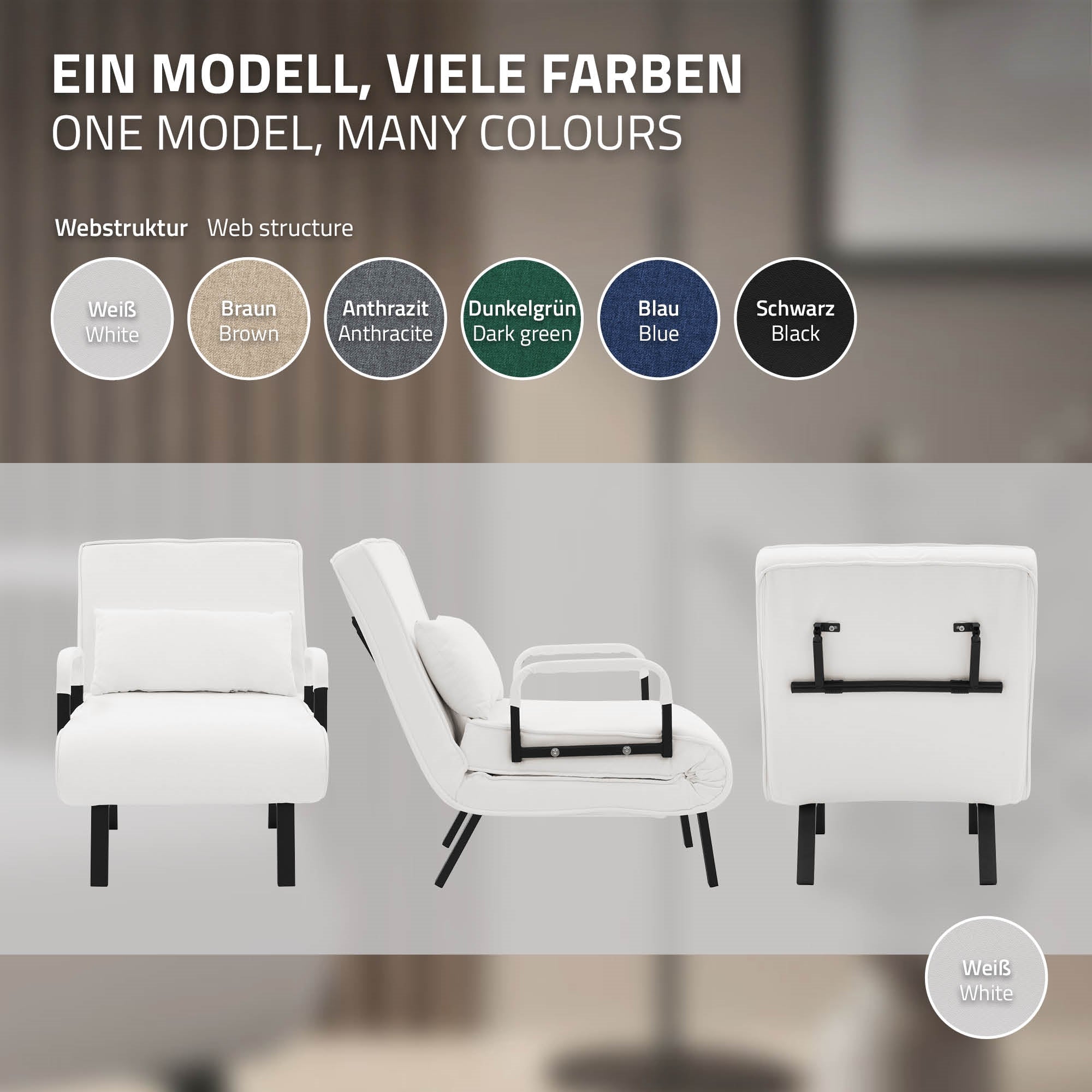 A white reclining armchair in various positions, with color options.