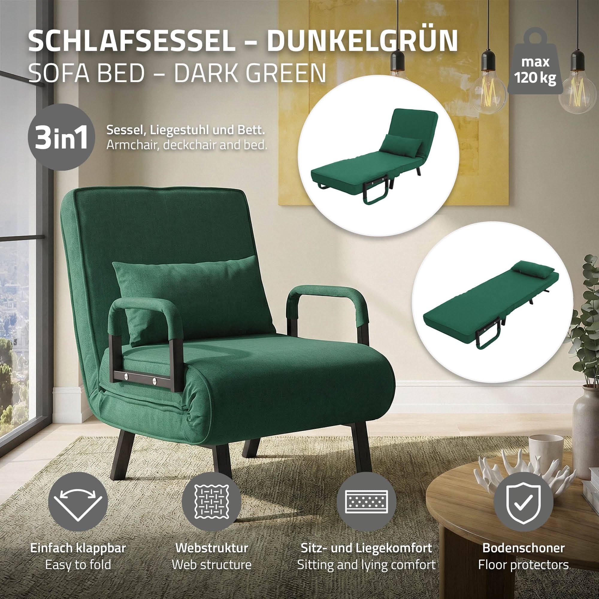 Ein Schlafsessel in Dunkelgrün, der als Bett genutzt werden kann.