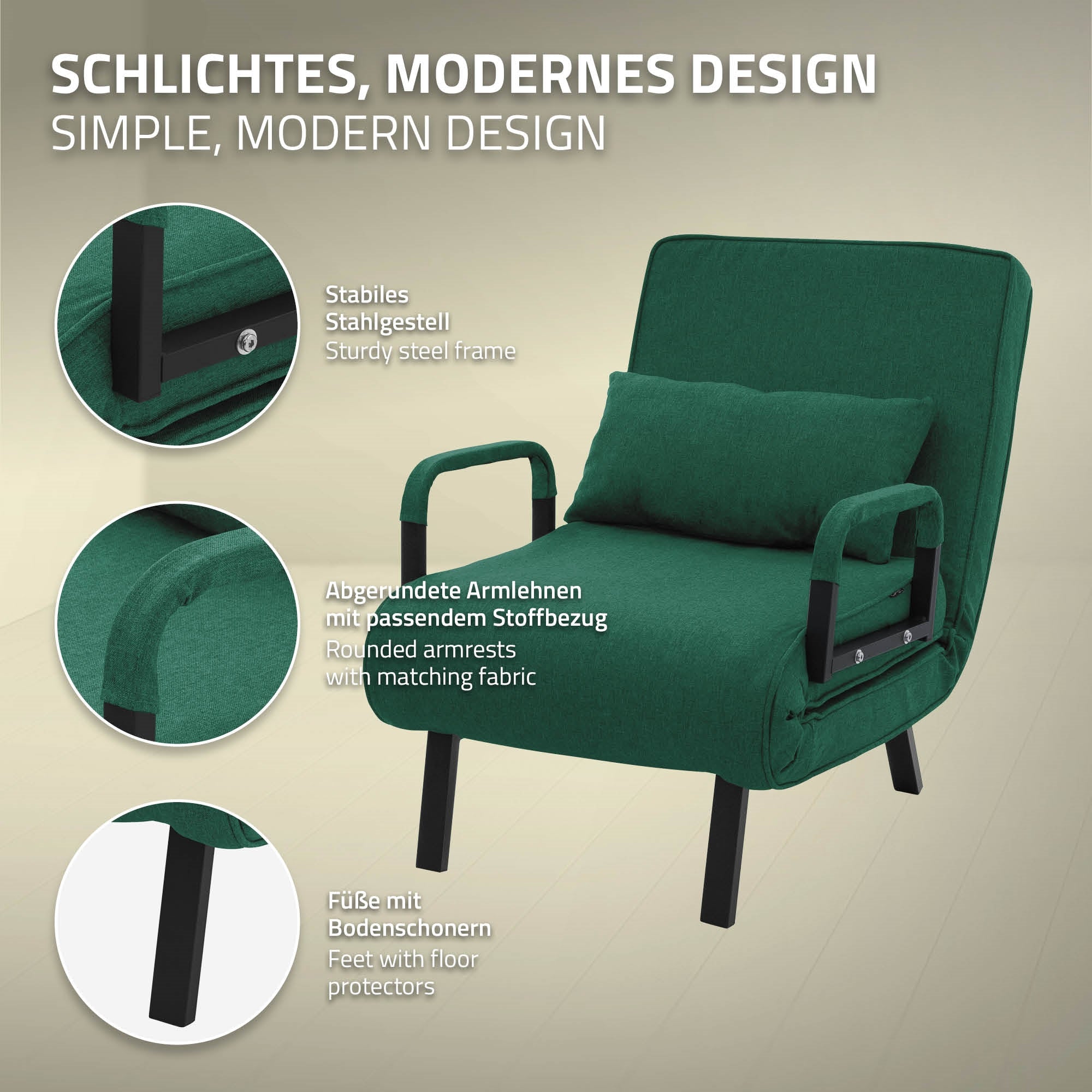 Sillón verde, diseño moderno, reposabrazos redondeados y patas con protectores para el suelo.