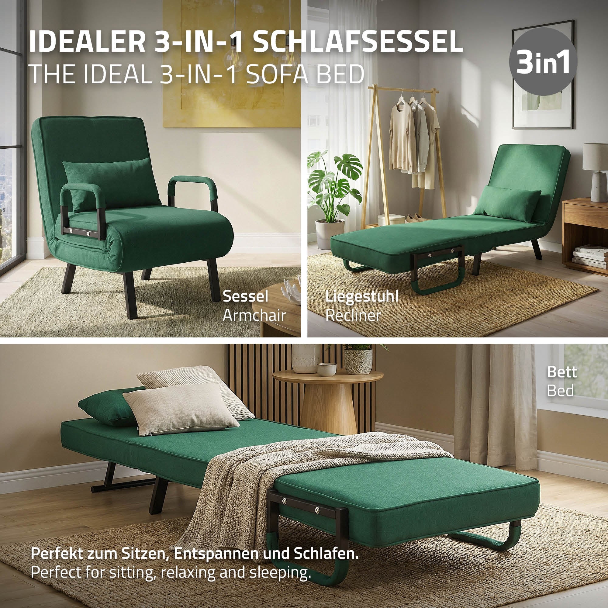 Un sillón cama en verde, representado como sillón, tumbona y cama.