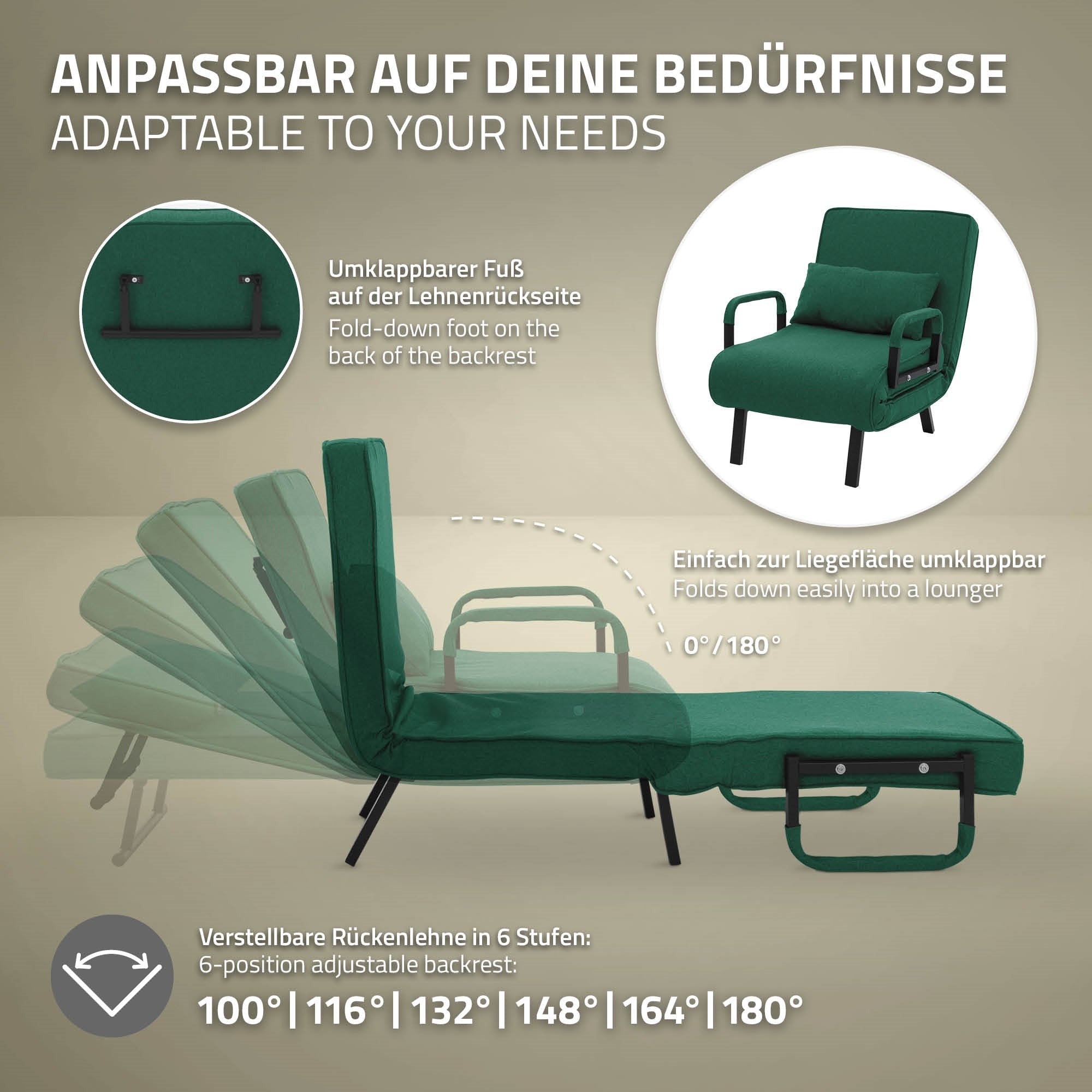 Sillón cama verde con respaldo ajustable en varias posiciones.