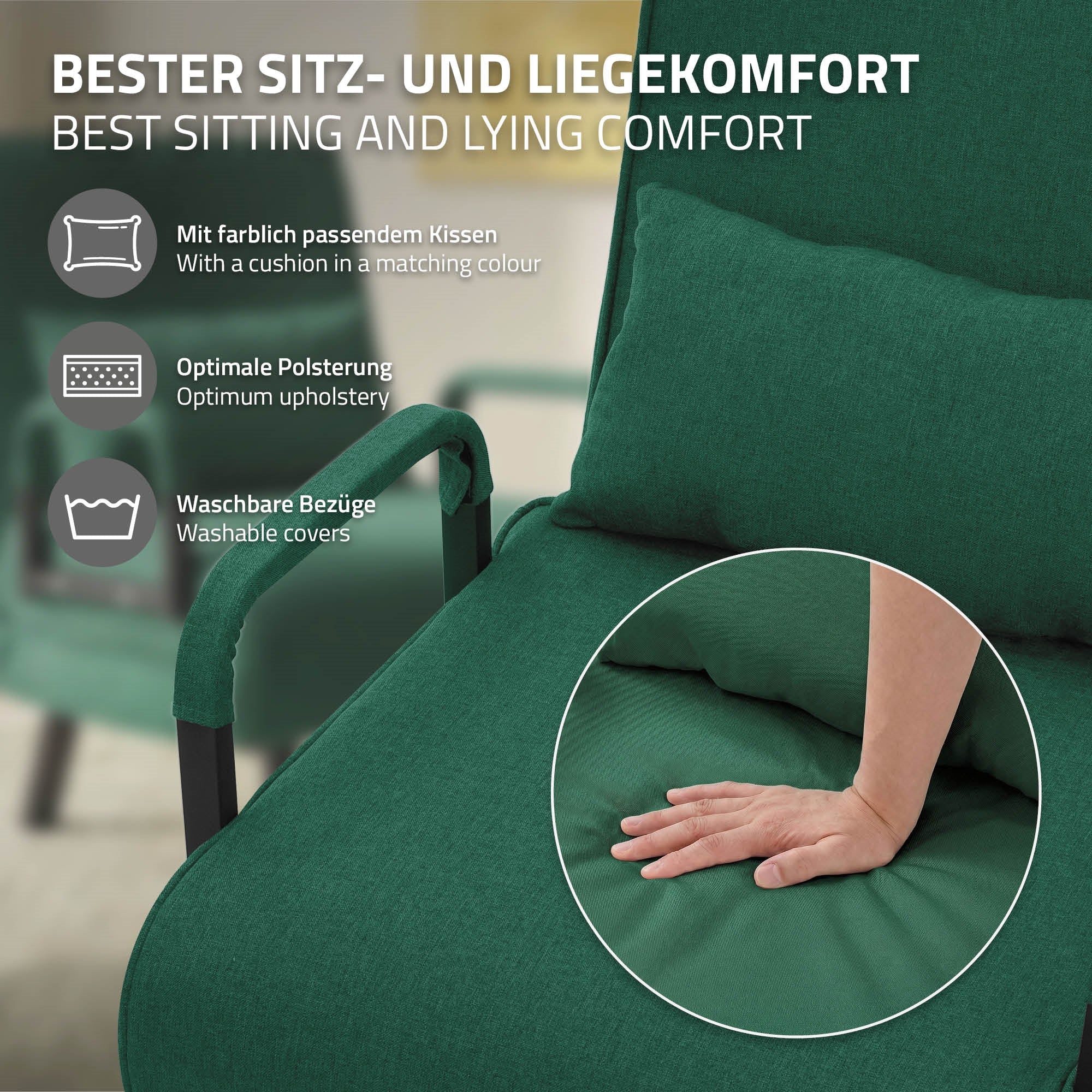 Sillón verde con cojín a juego y descripción de la comodidad del asiento.