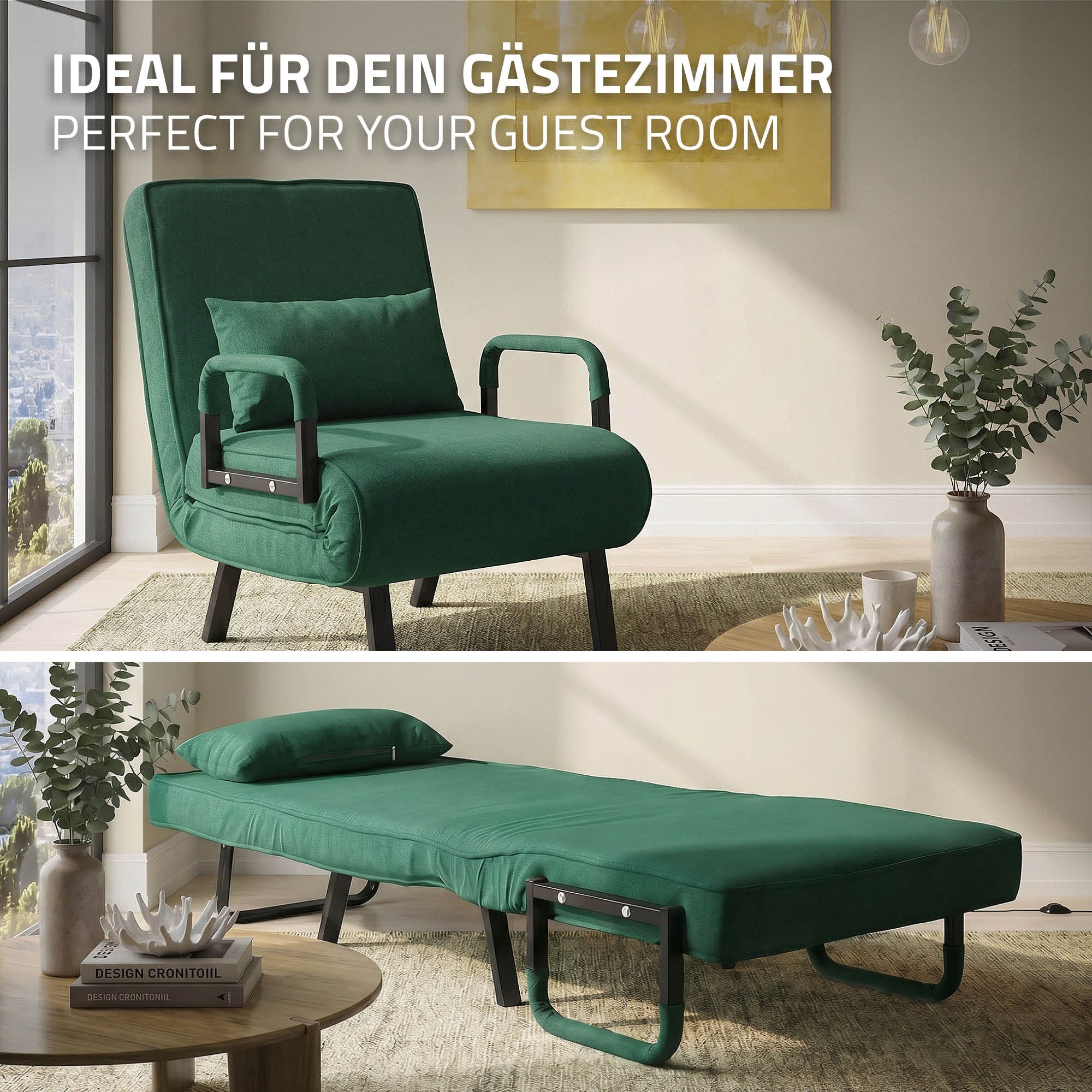 Sillón cama verde en la habitación de invitados, desplegado como cama.