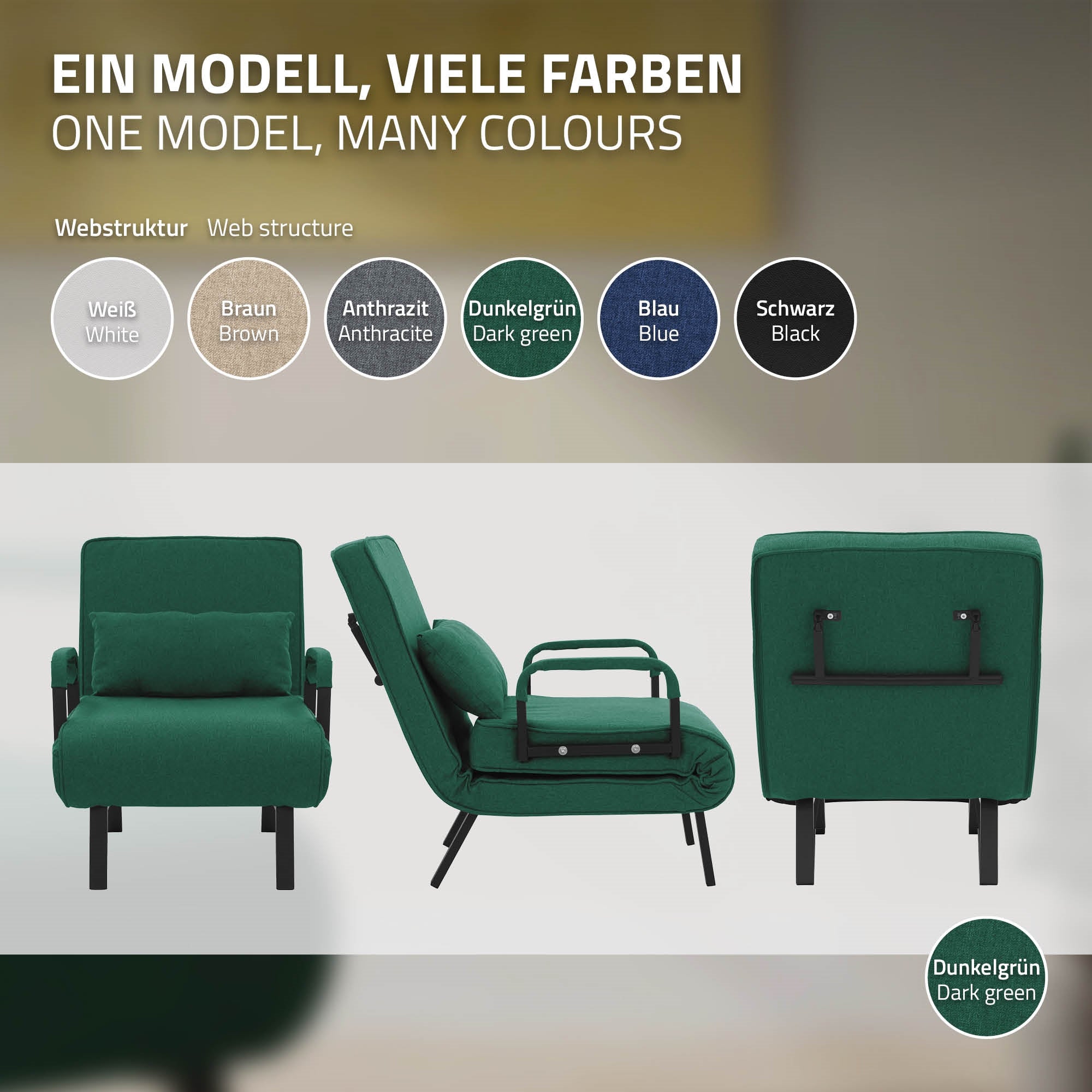 Un sillón cama verde en varias posiciones, con opciones de color.