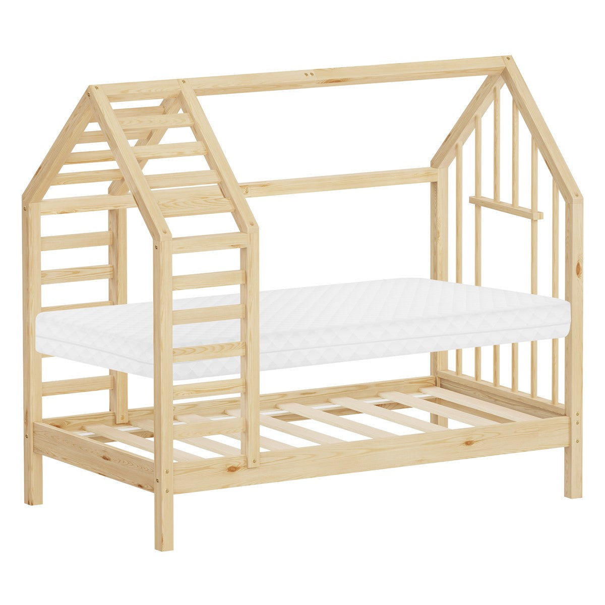 Holzbett in Hausform mit Kaltschaummatratze.