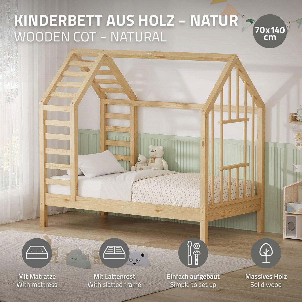 Holz-Kinderbett in Naturfarbe mit Matratze und Lattenrost.