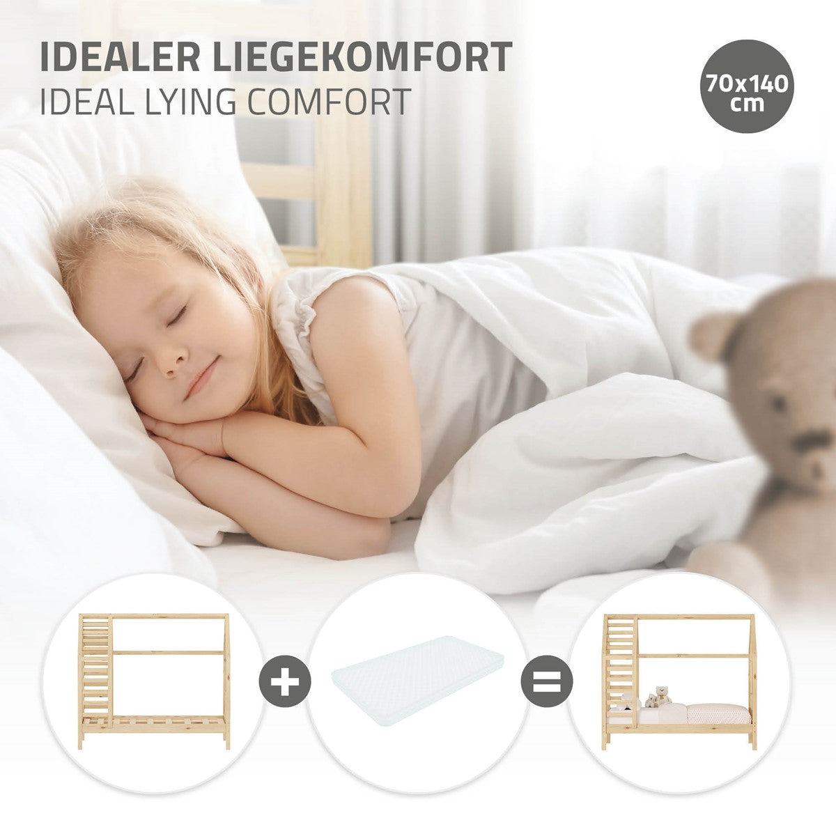 Schlafendes Kind im Bett, umgeben von einer Decke und Kissen.