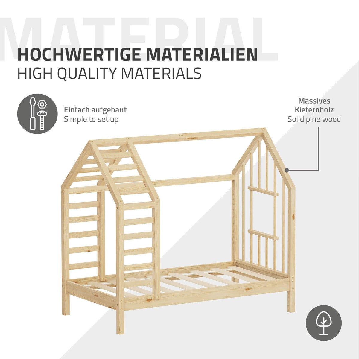 Holzrahmen eines Hausbetts mit Beschreibung zu hochwertigen Materialien.