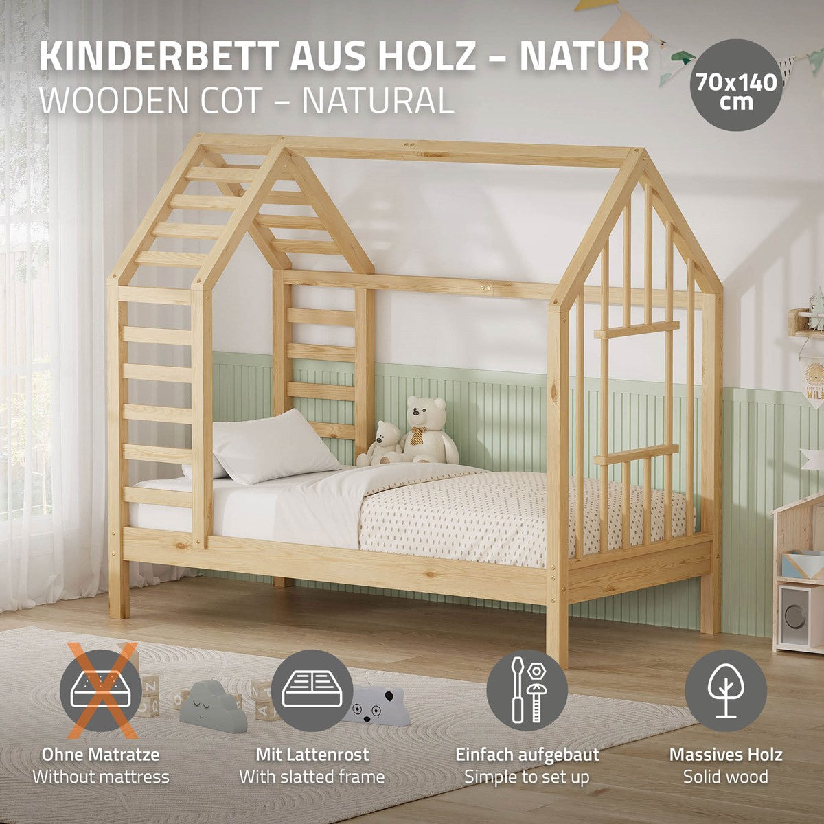 Holz-Kinderbett in Hausform, naturfarben, ohne Matratze, mit Lattenrost.