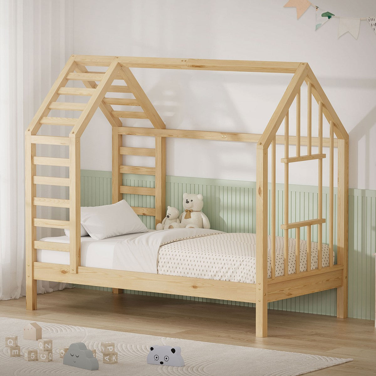 A house-shaped bed with pillows and stuffed animals, against a wood-paneled wall.