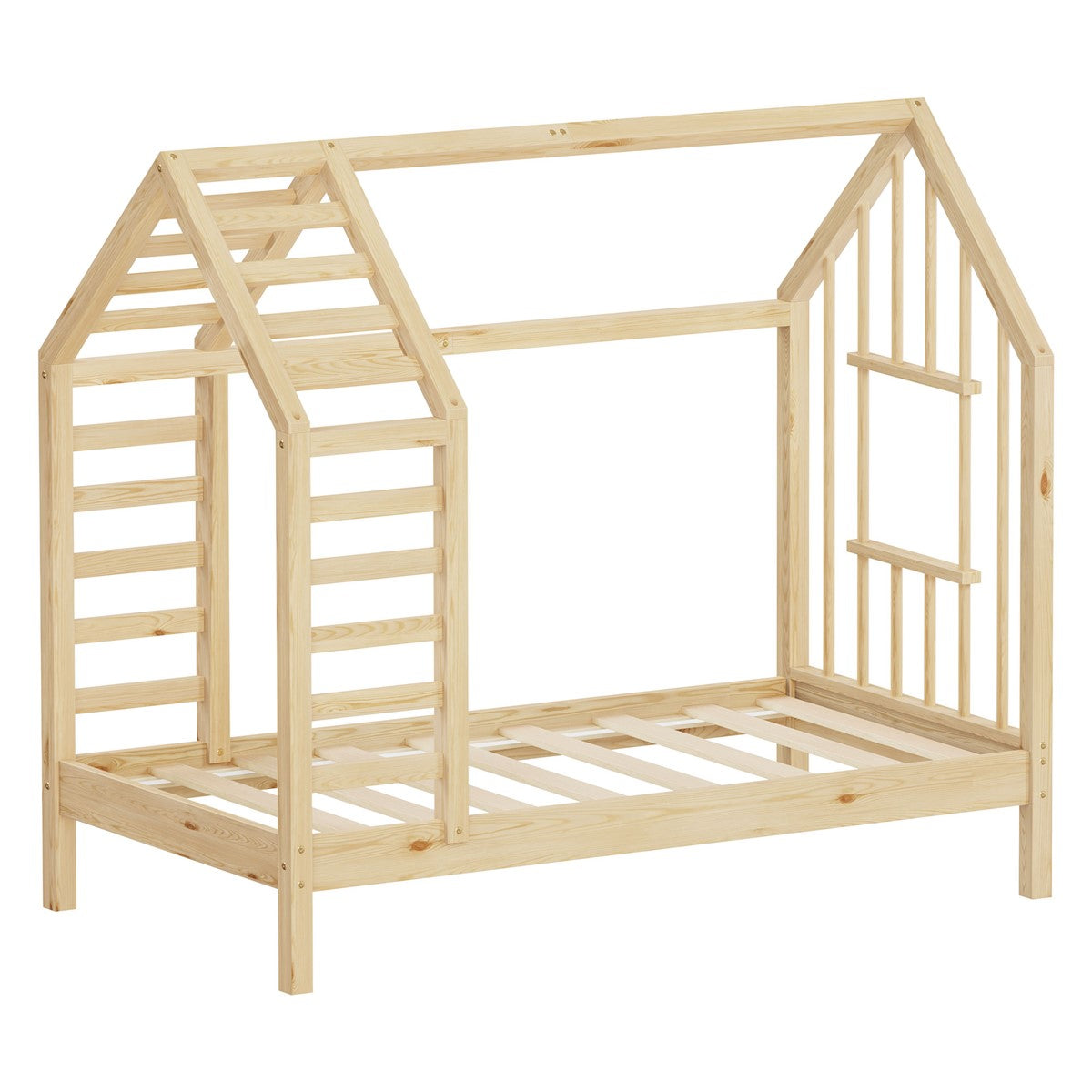 Unmontiertes Holzhausbett aus Kiefernholz ohne Matratze.