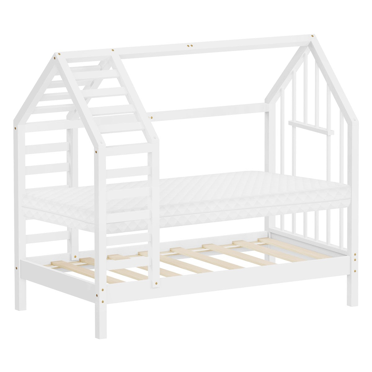 Weißes Kinderbett in Hausform mit zwei Matratzen und Holzlattenrost.
