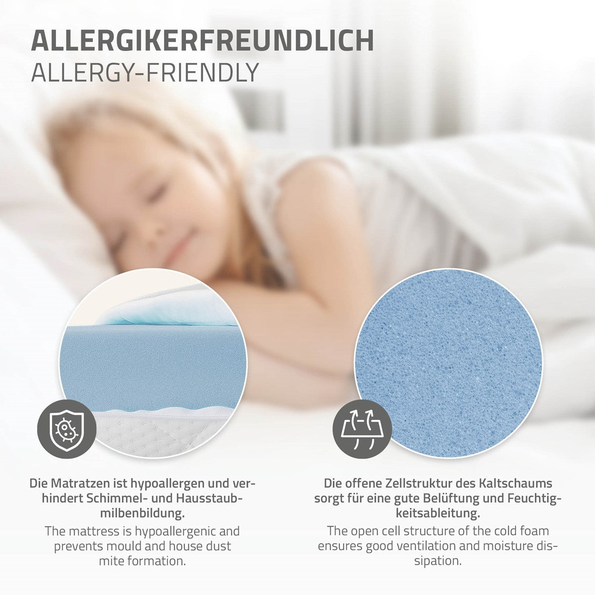 Nahaufnahme von Matratzen mit hypoallergenen Eigenschaften und offener Zellstruktur.