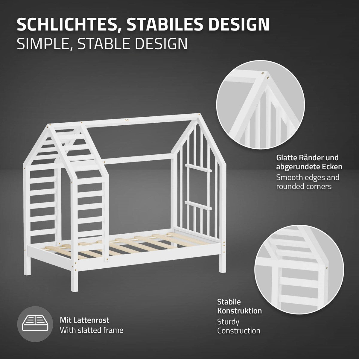 Weißes Bett in Hausform mit stabiler Konstruktion und glatten Kanten.