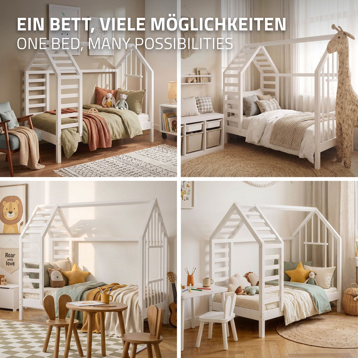 Collage von Kinderzimmern mit einem Hausbett in verschiedenen Varianten.