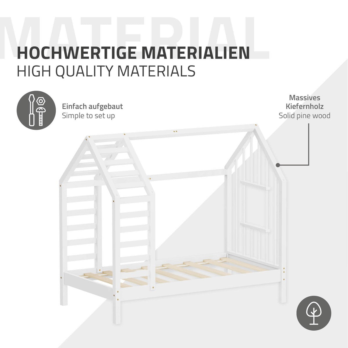 Bettgestell in Hausform aus massivem Kiefernholz, weiß lackiert.
