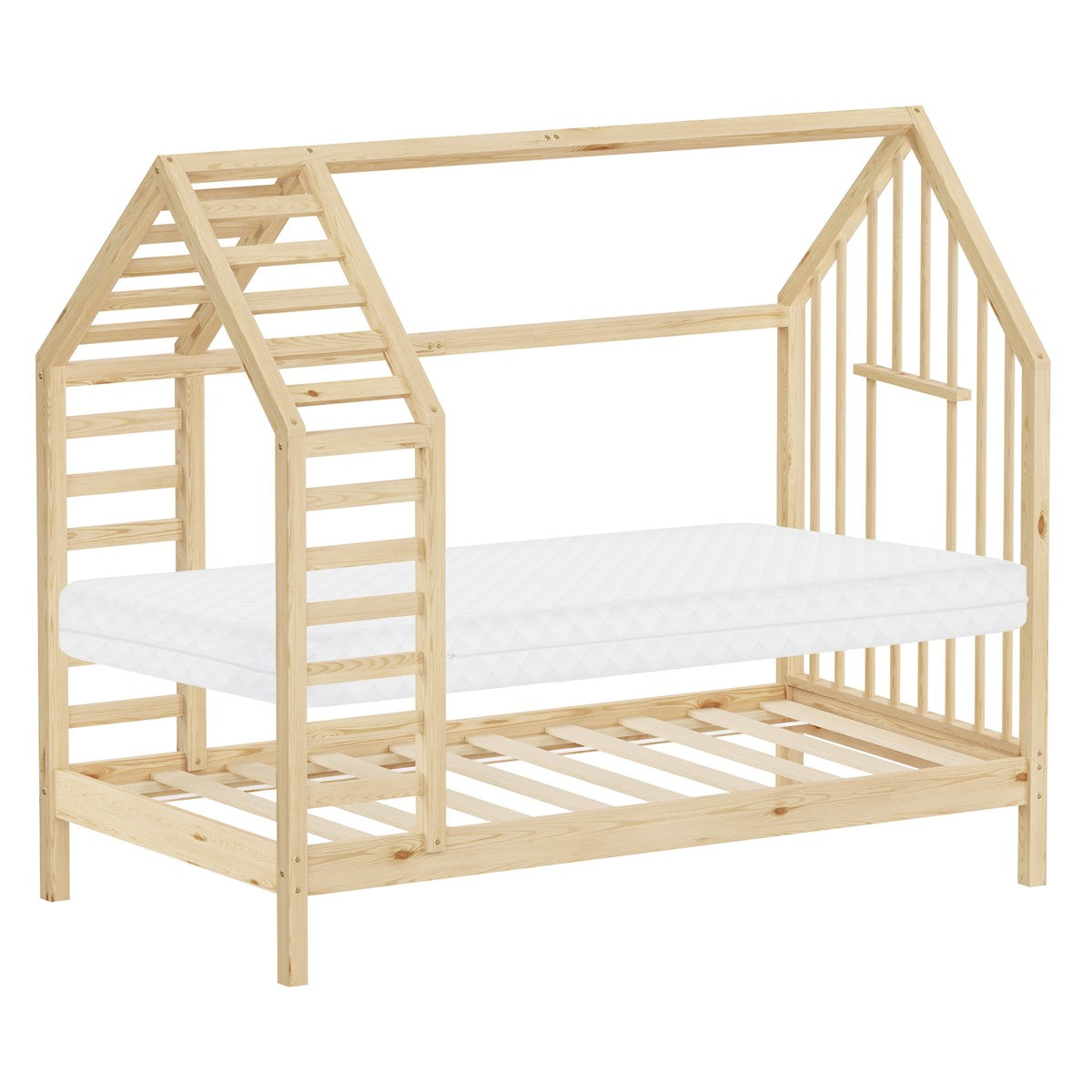 Ein Bett in Hausform aus Holz mit einer Matratze, ohne Bettwäsche.