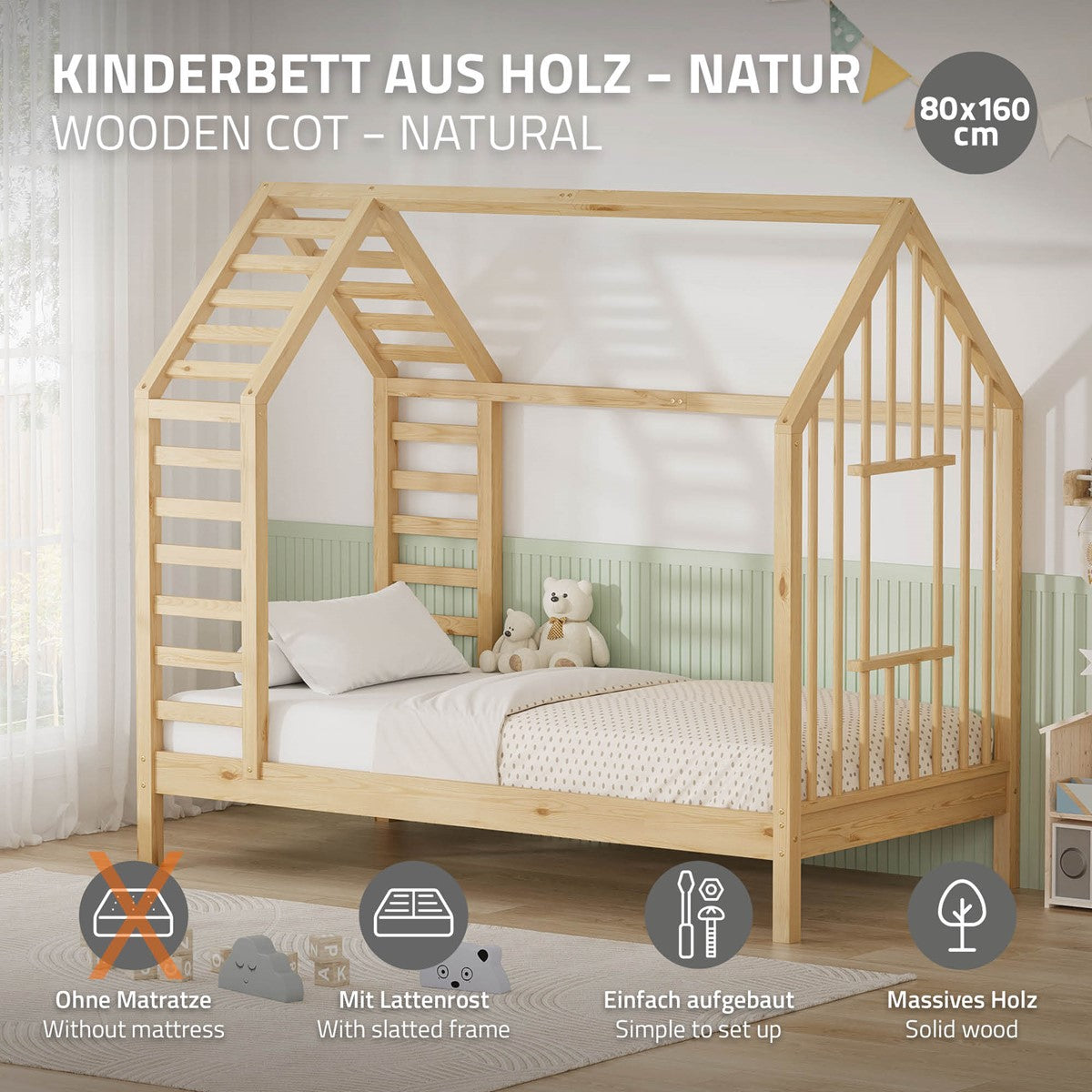 Holz-Kinderbett in natürlicher Farbe, ohne Matratze.