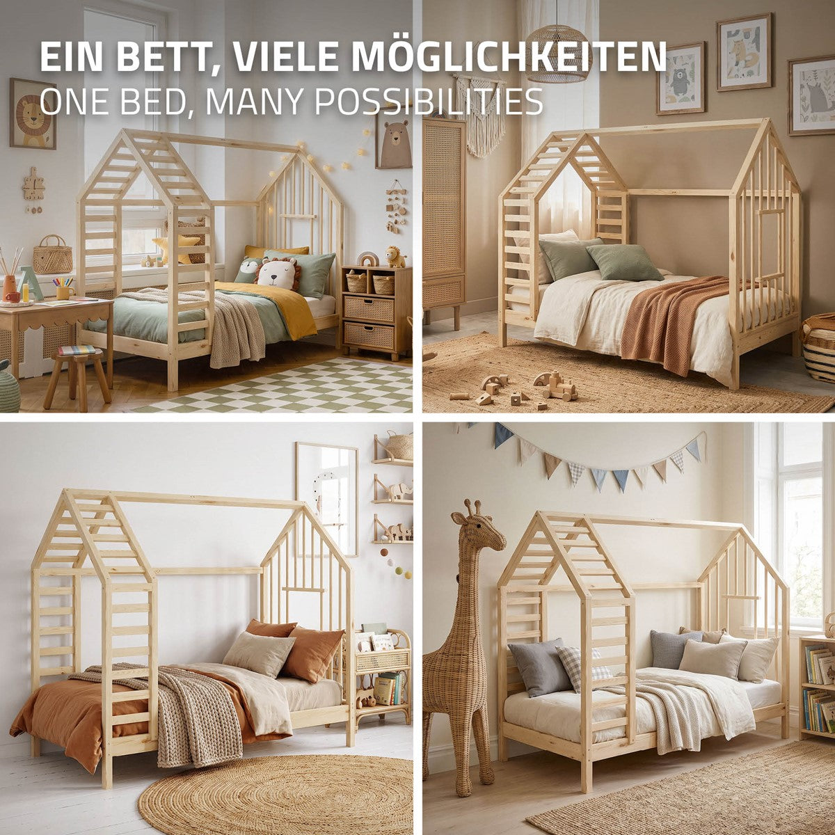 Vier Bilder eines Kinderbetts in Hausform in verschiedenen Räumen.