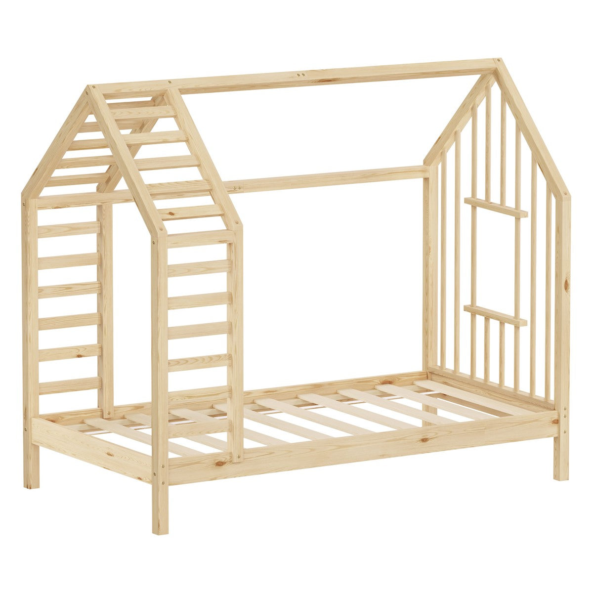 Holzrahmenbett in Hausform, ohne Matratze, aus Kiefernholz.