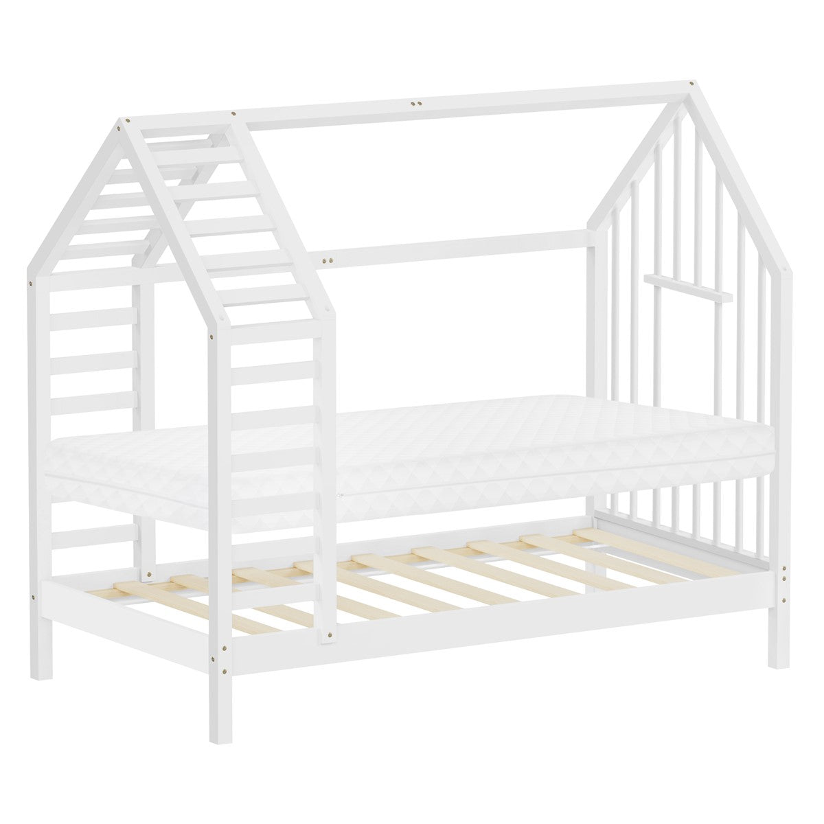 Bett in Hausform mit Matratze, Holzrahmen und Lattenrost.