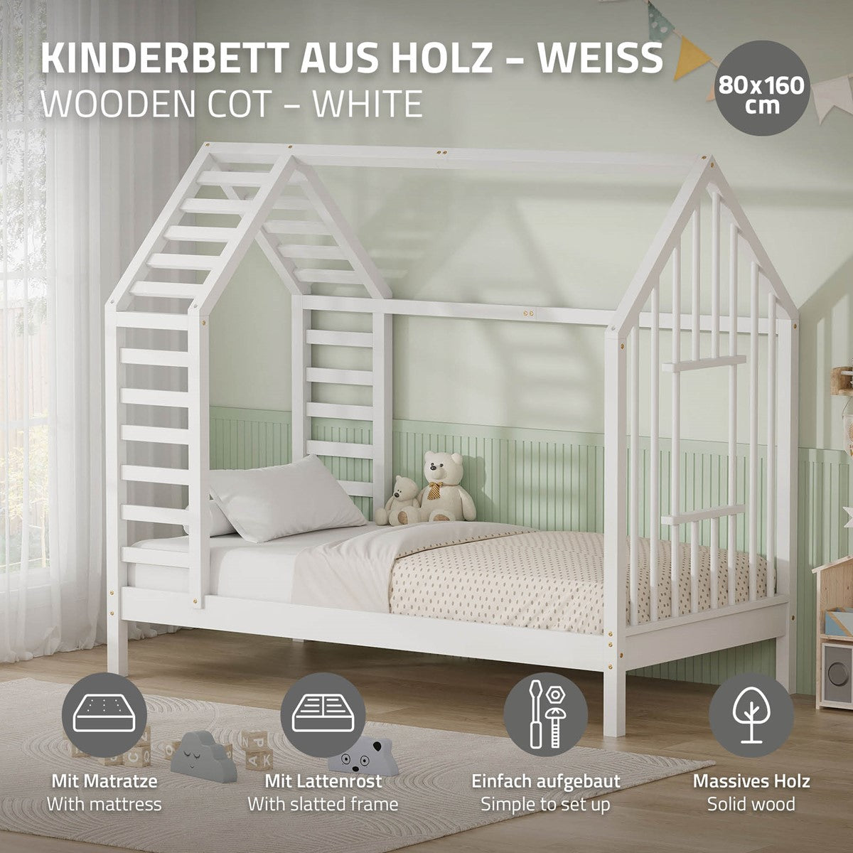Weißes Kinderbett aus Holz mit Matratze und Spielhaus-Design.