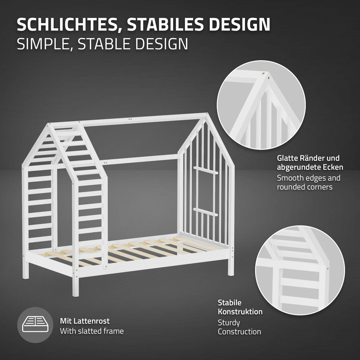 Grafik eines Bettes mit stabiler Konstruktion und abgerundeten Ecken auf dunklem Hintergrund.