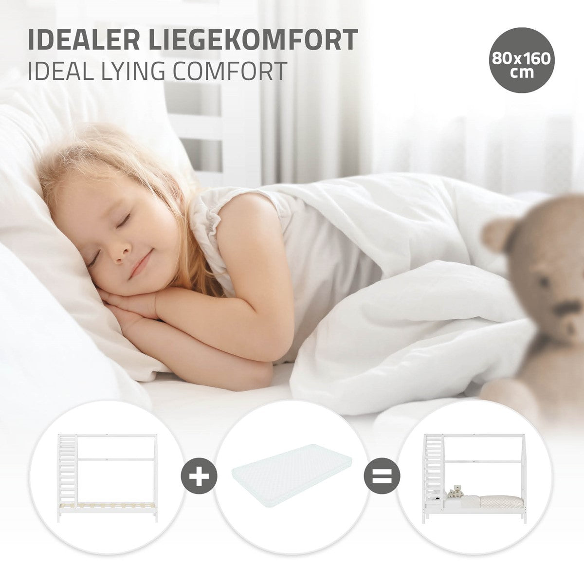 Ein schlafendes Kind im Bett mit einem Stofftier und einer Decke.
