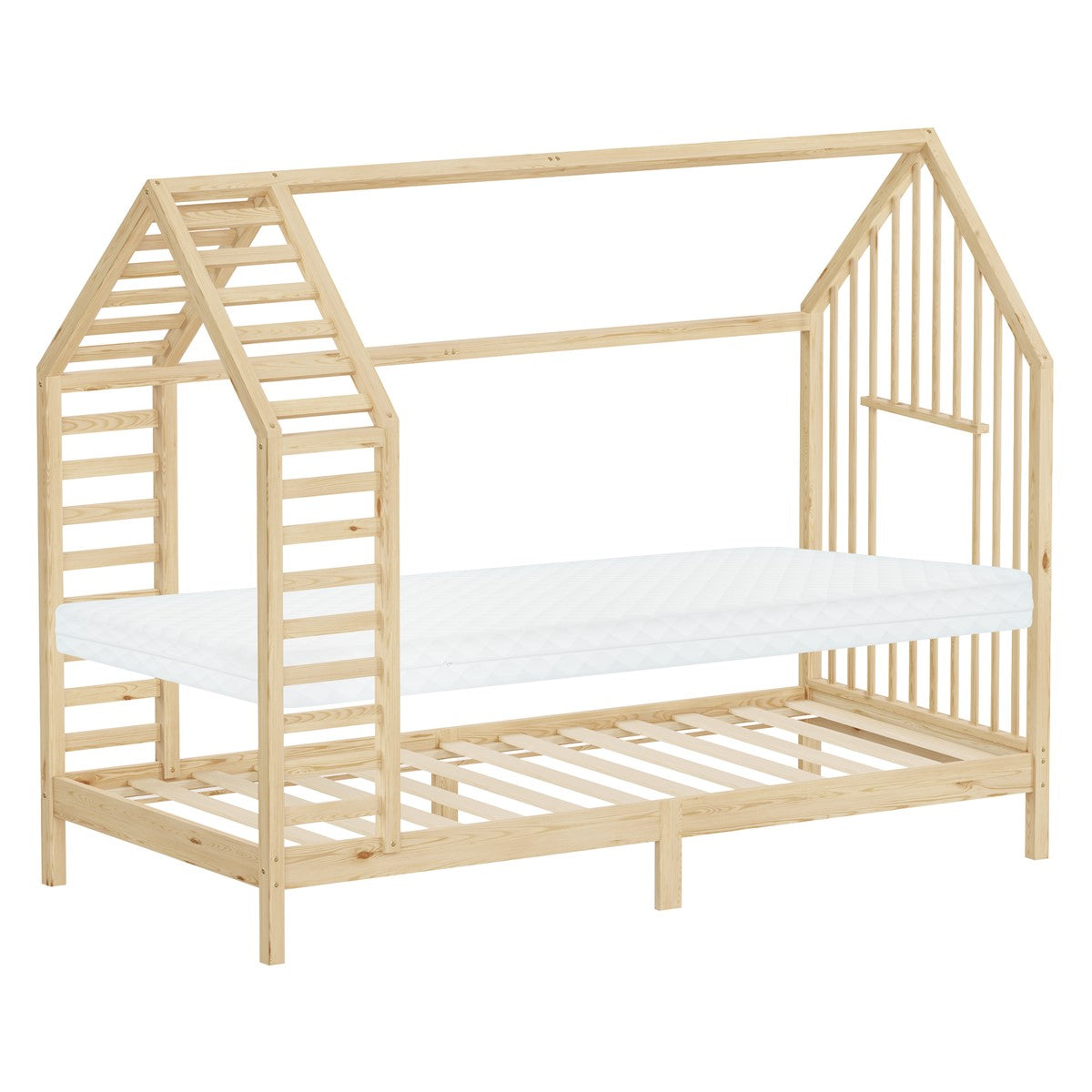Holzgestell in Hausform mit Matratze, ohne Bettwäsche.