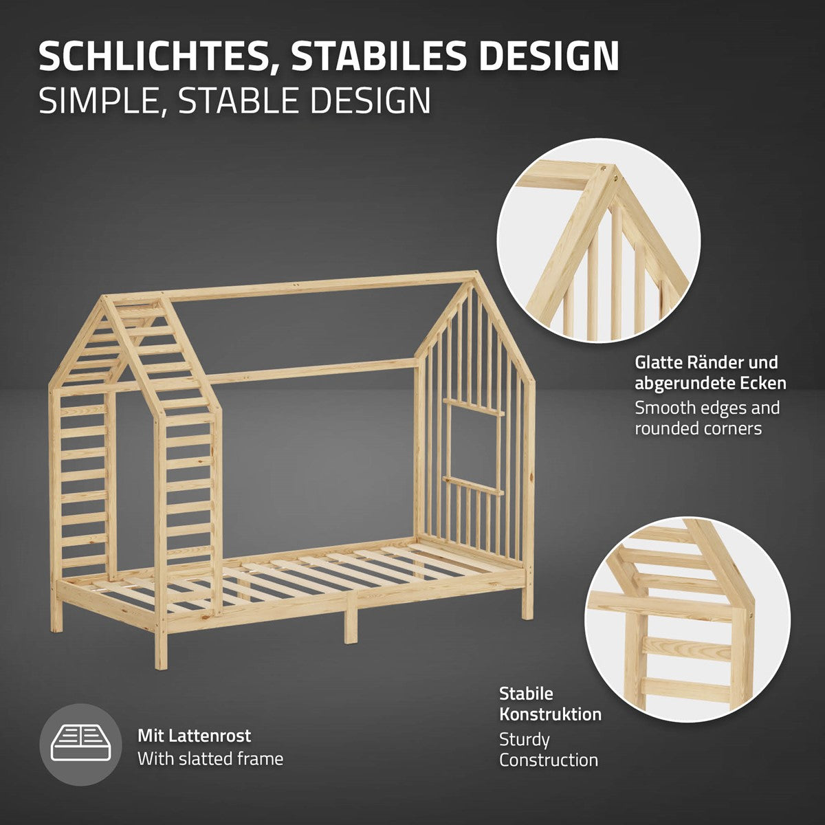 Holz-Kinderbett mit stabiler Konstruktion und glatten Kanten.