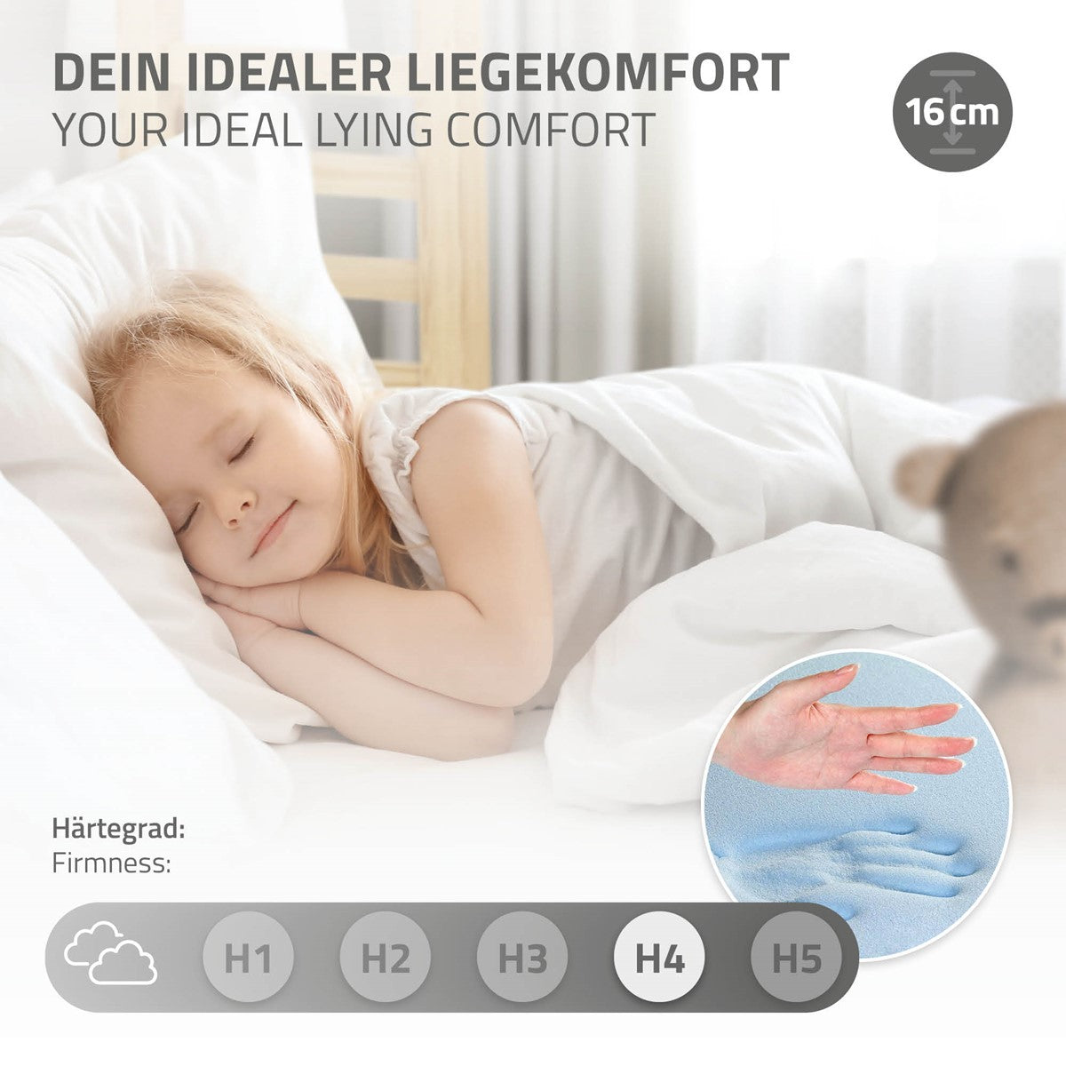 Mädchen schläft auf einer Matratze, die idealen Liegekomfort bietet.
