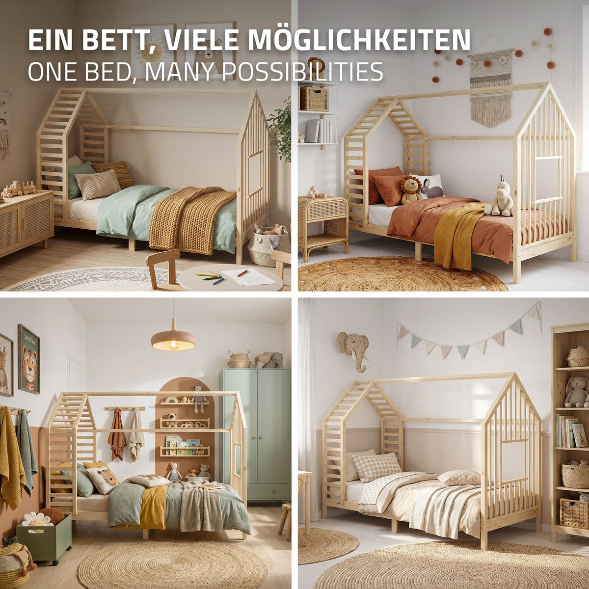 Vier Bilder eines Kinderzimmers mit verschiedenen Betten und Dekoration.