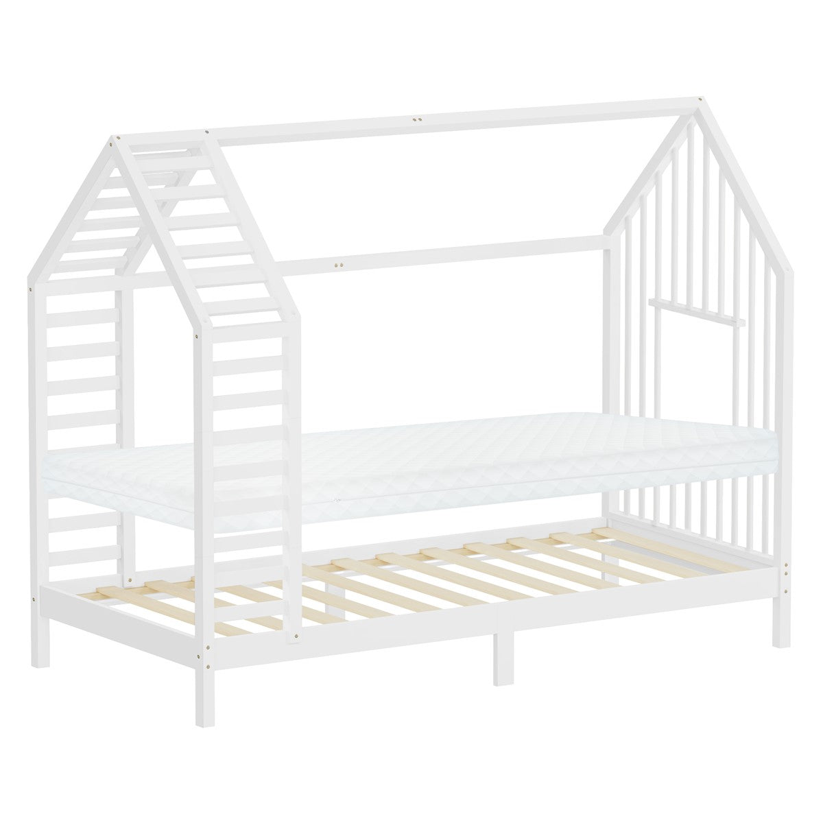 Ein einfaches, weißes Bett im Hausdesign mit Lattenrost.