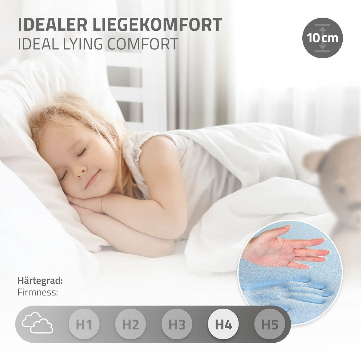 Kind schläft auf einer Matratze, zeigt den Härtegrad H4 für idealen Liegekomfort.