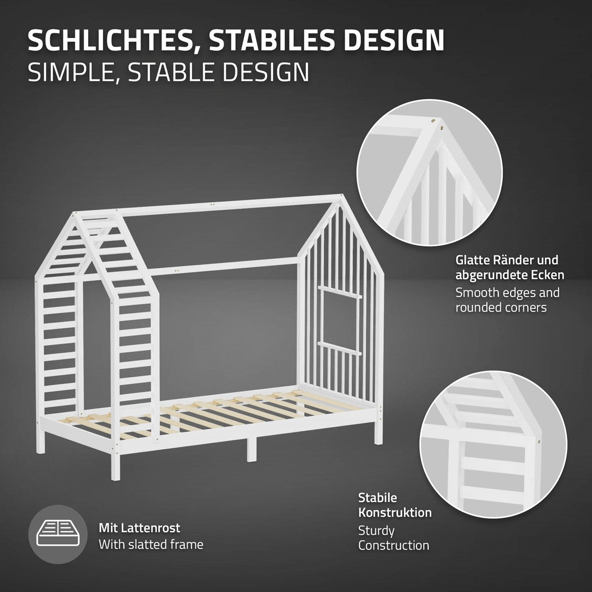 Ein Bett mit einem stabilen, schlichten Design in Form eines Hauses.