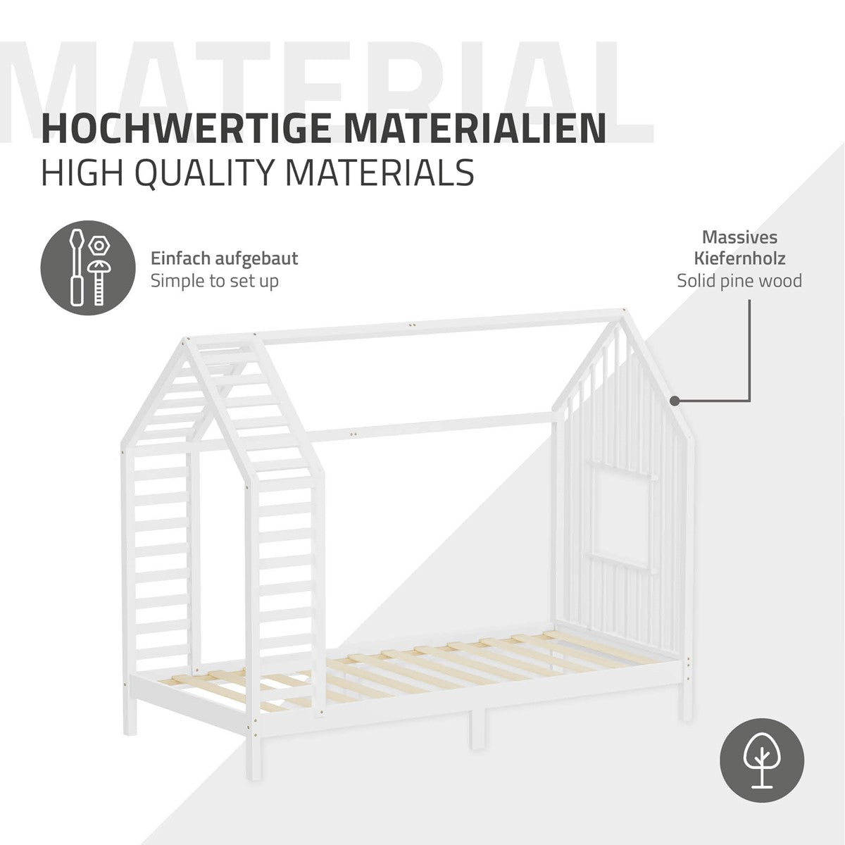 Bettgestell in Hausform aus massivem Kiefernholz, einfach aufzubauen.