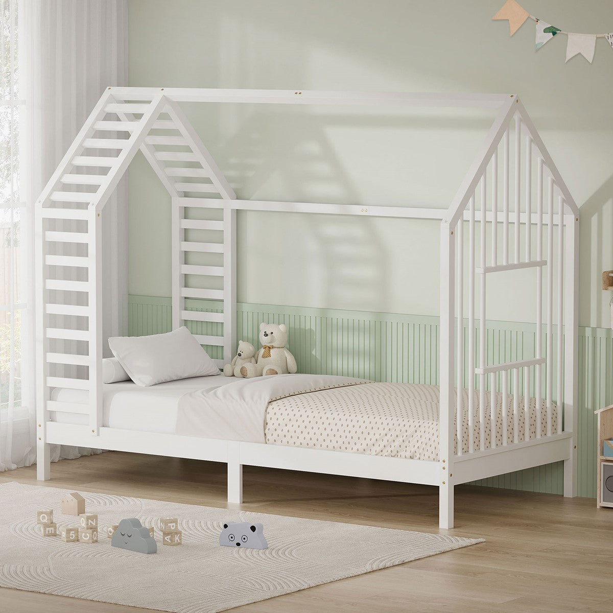A children’s bed in a house design with toys and a rug in the room.