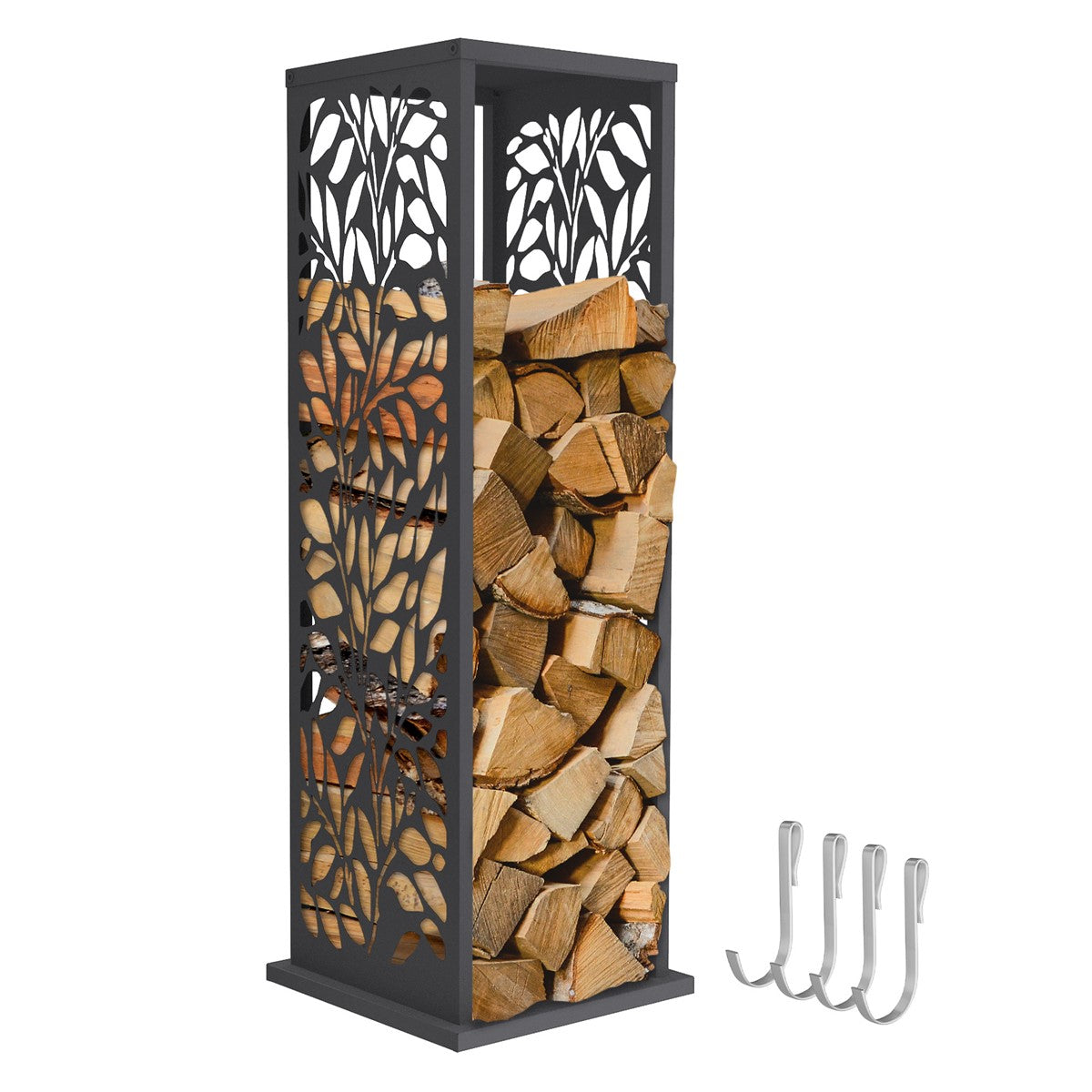 A wooden rack with logs and hooks for accessories.