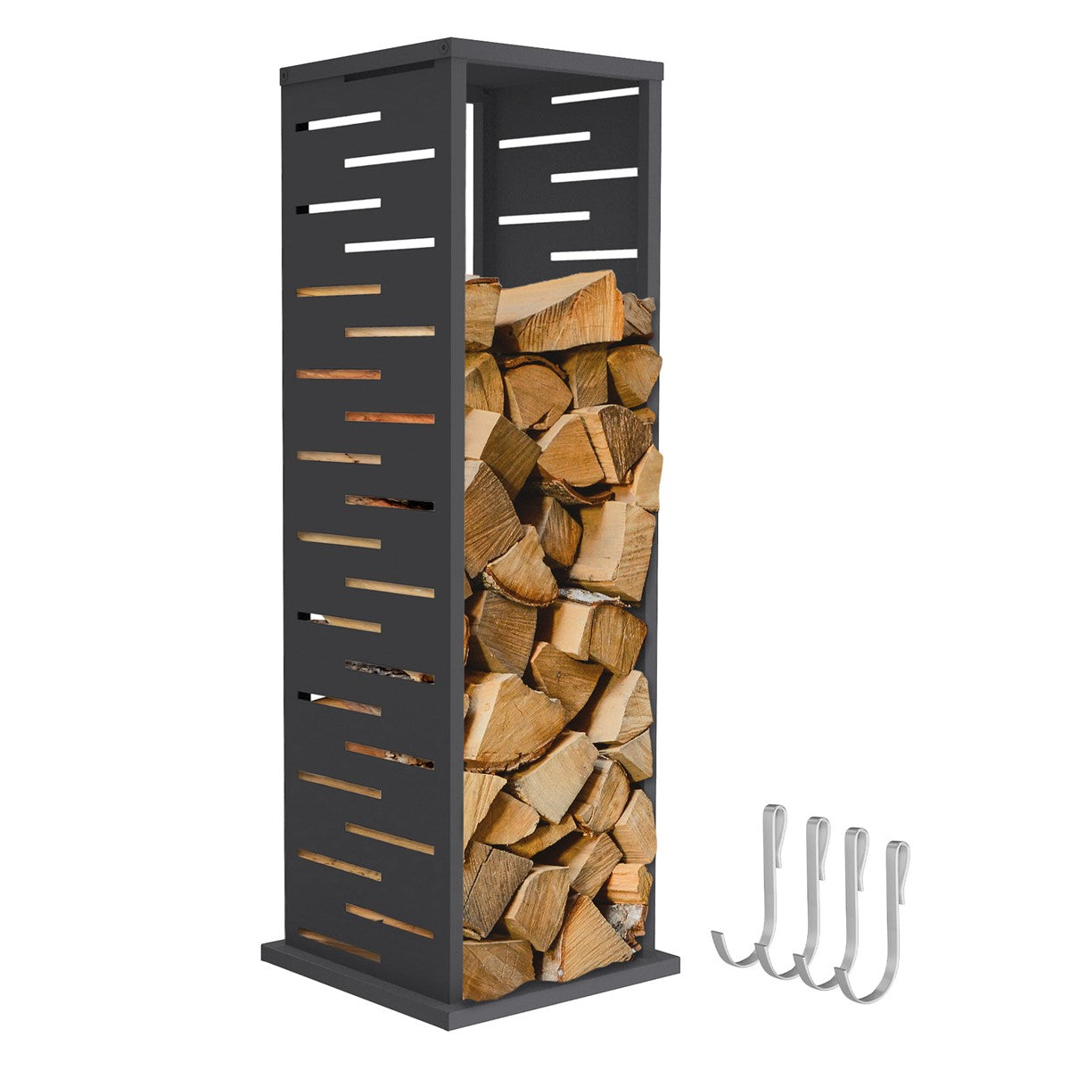Holzlager mit Holzscheiten und Haken, aus verzinktem Stahl.