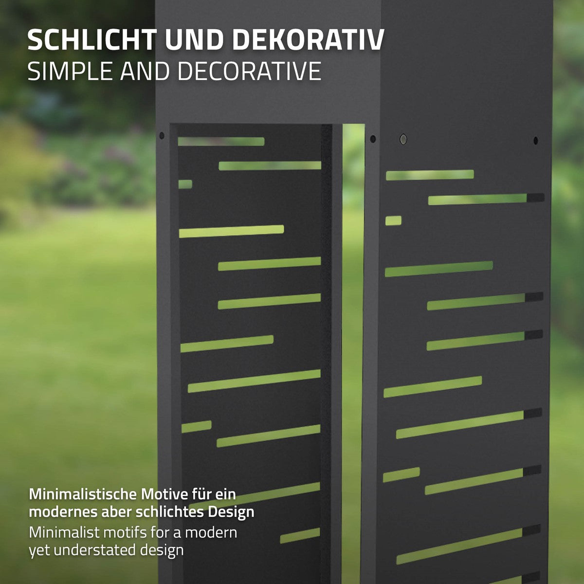Schwarzer Pflanzkasten mit minimalistischen Motiven und dekorativem Design.