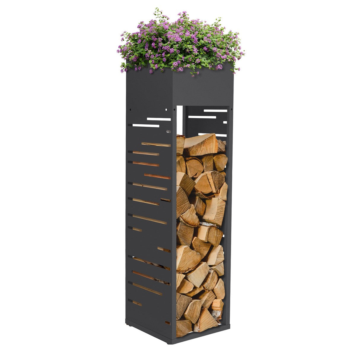 A firewood rack with plants on top, made of metal with logs in the lower section.