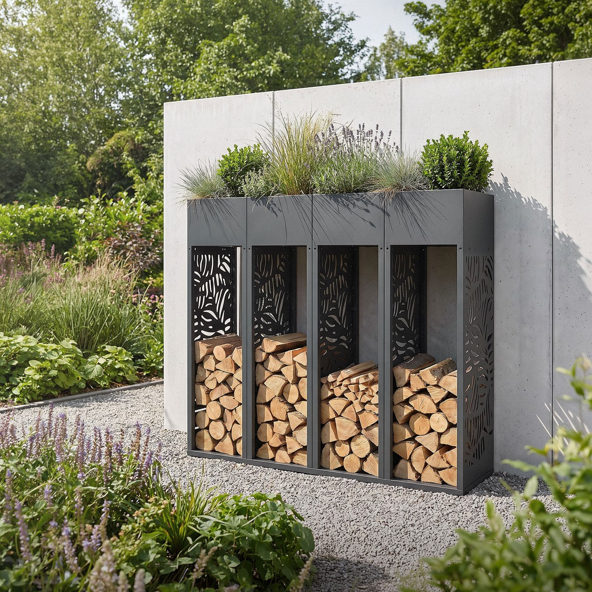 Ein Holzregal mit Pflanzen auf der Oberseite, vor einer Betonwand im Garten.