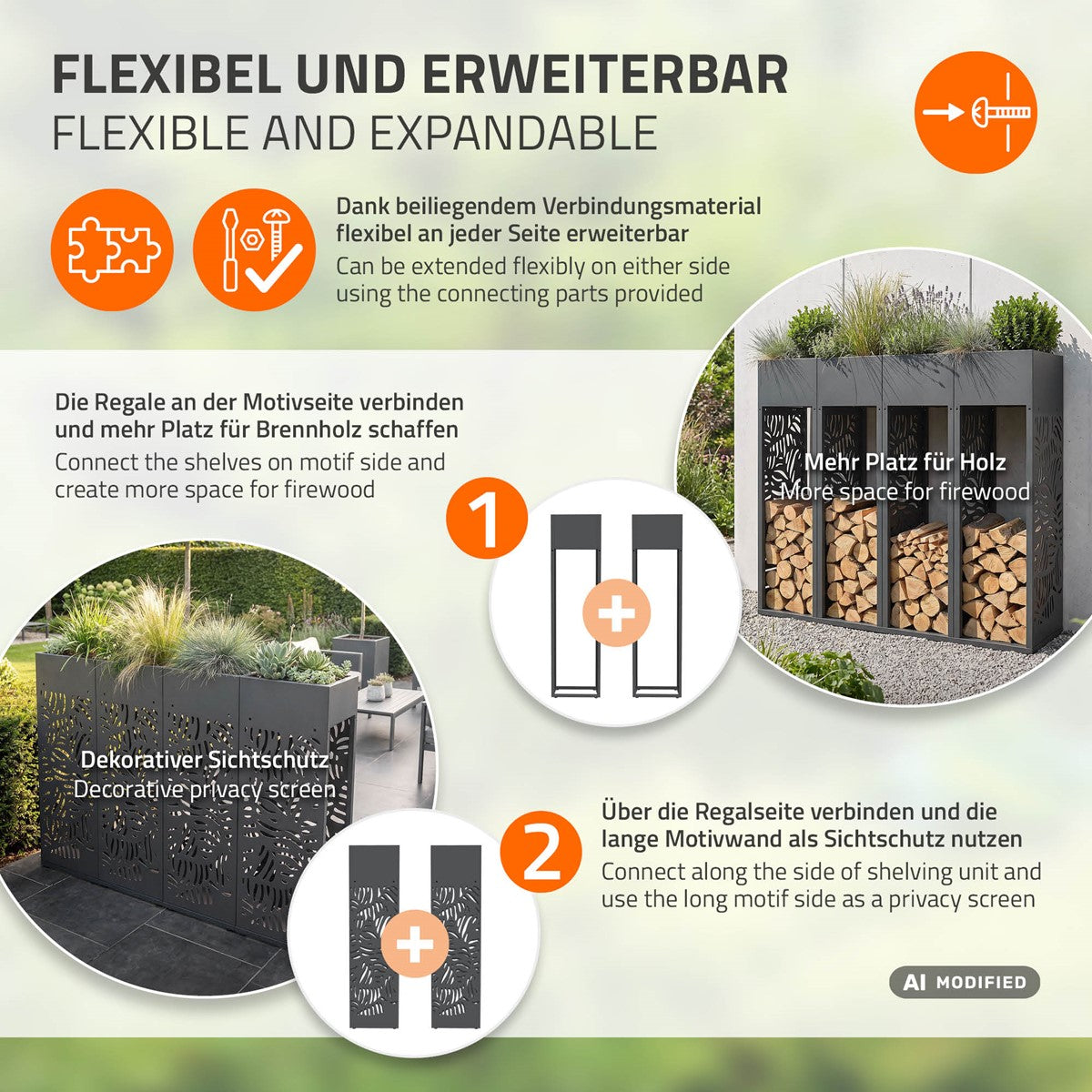 Grafik zu flexiblen und erweiterbaren Regalen mit Verbindungsmaterial.
