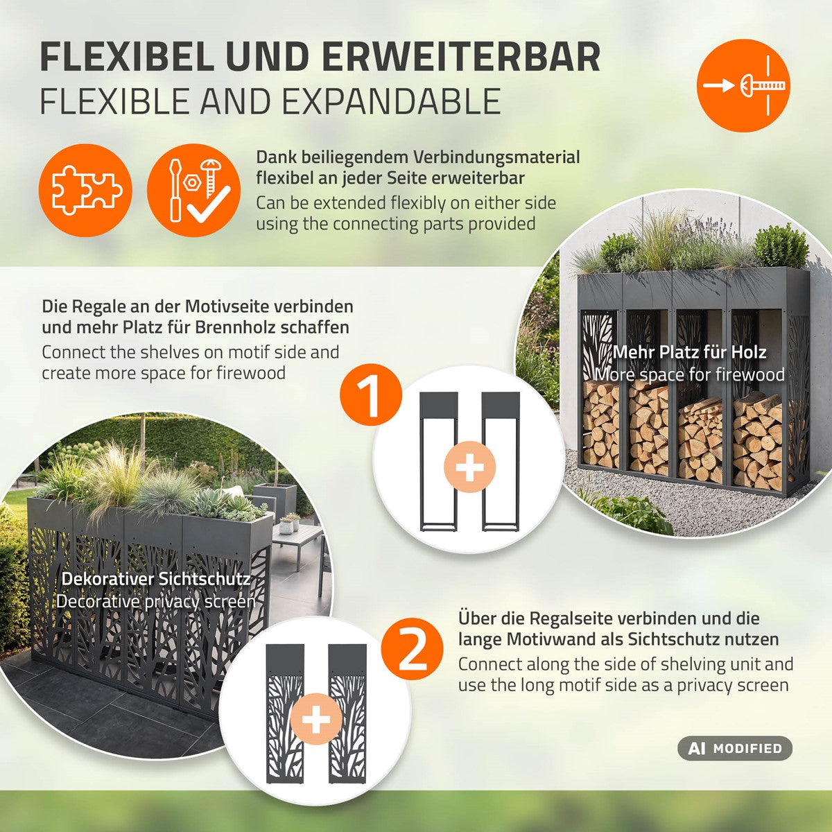 Ein grafisches Icon, das eine flexible Lagerlösung für Holz zeigt.