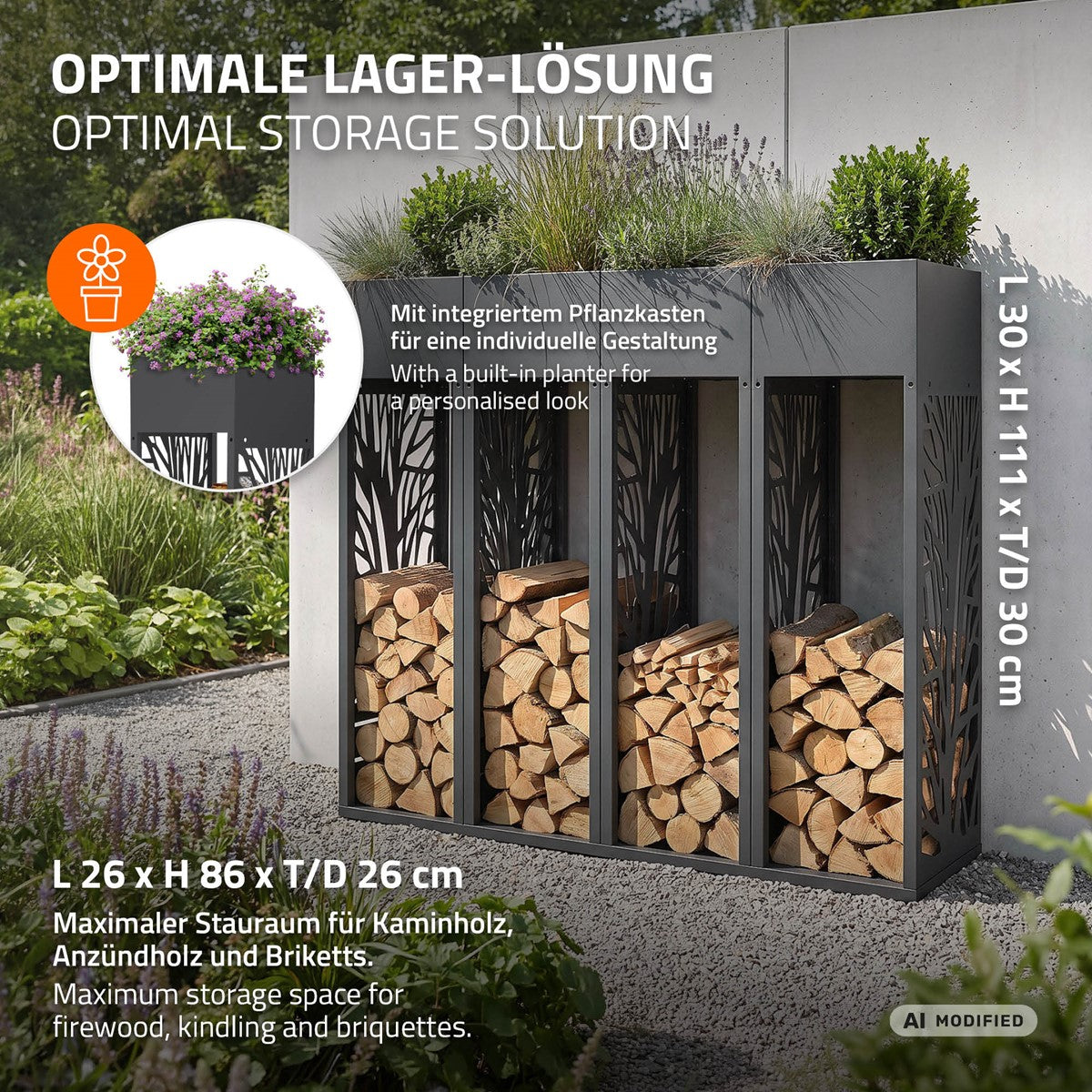 Lagerlösung für Kaminholz mit integriertem Pflanzkasten.
