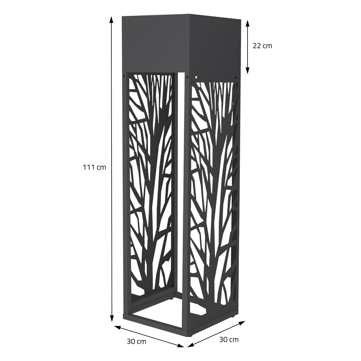 Schwarze Holzsäule mit Baumdesign, Maße: 111 cm hoch, 30 cm breit.