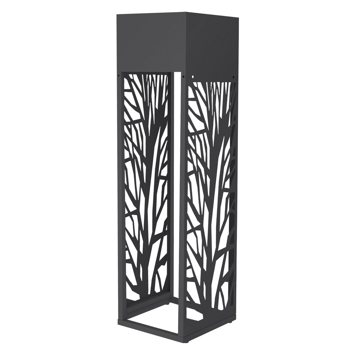 Schwarzer Pflanzkasten mit Baum-Motiv in einem modernen Design.