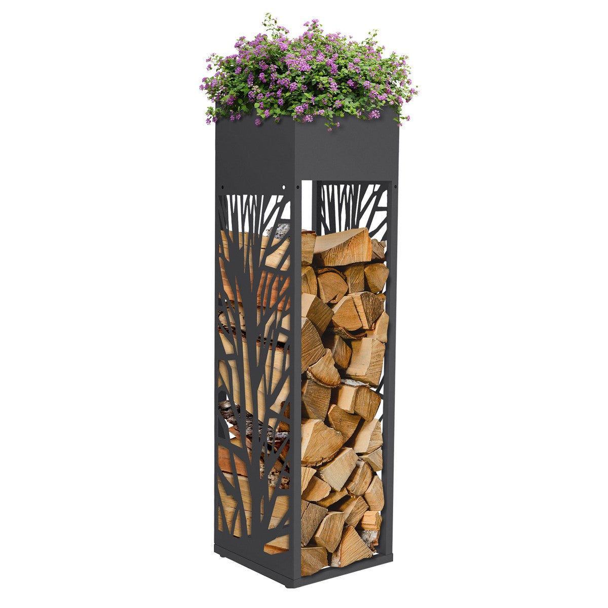 Wooden column with plants and stacked wood, decorative design.