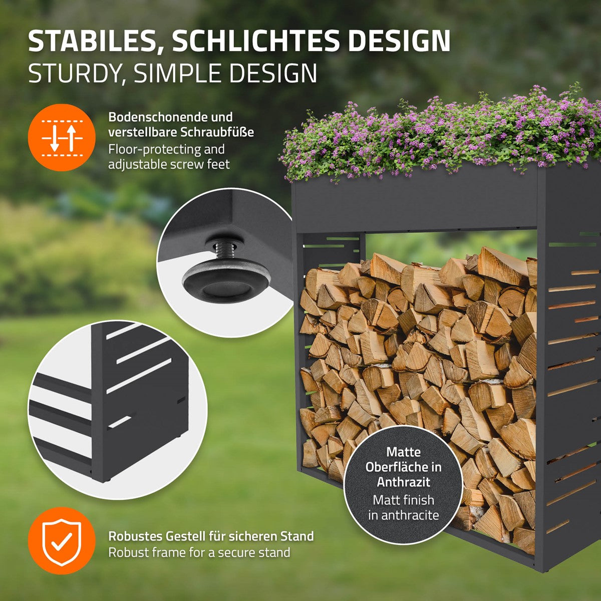 Holzregal mit Pflanzen, stabiler Rahmen und Schraubfüße.